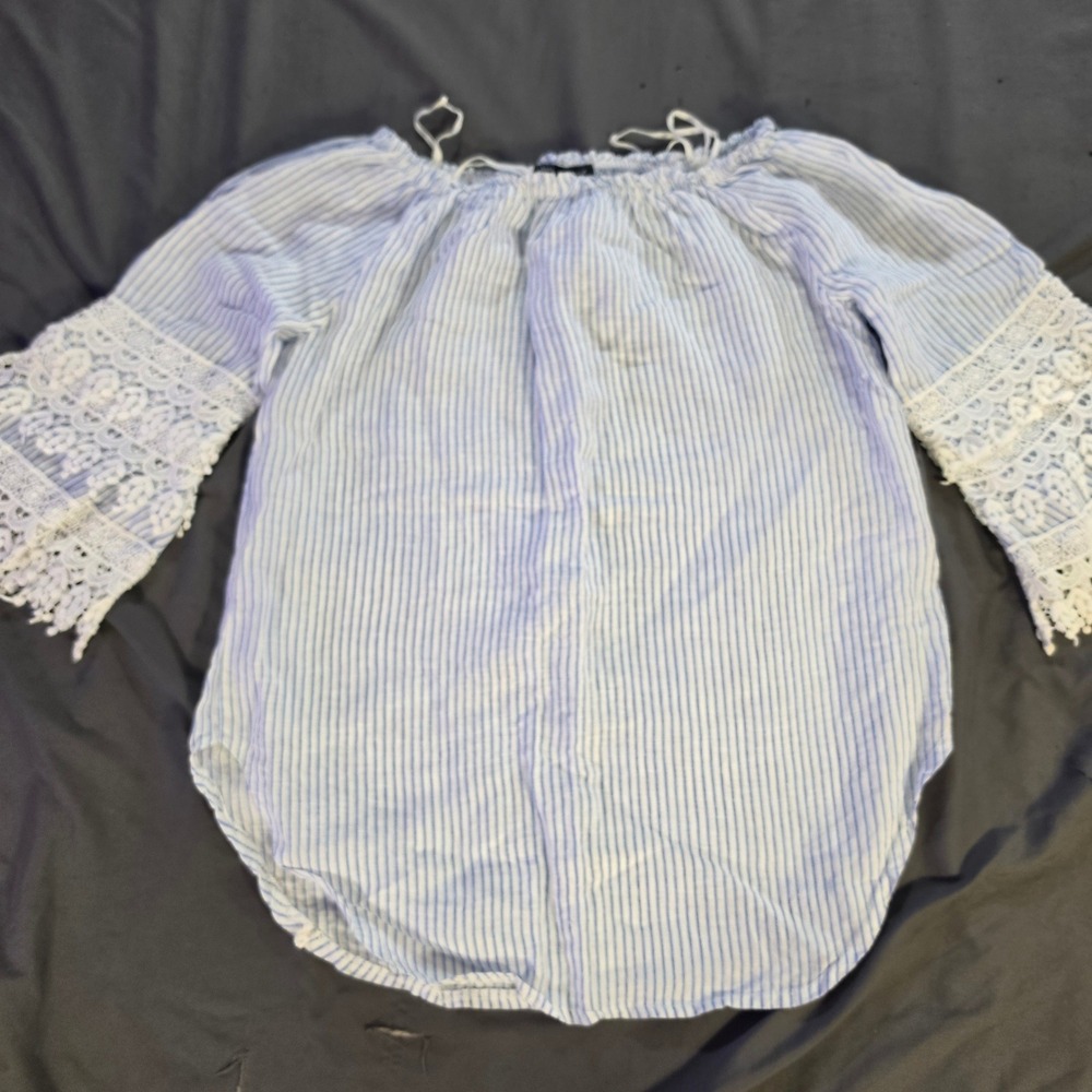 Saks Fifth Avenue Blue White Striped Off Shoulder Lace Bell Sleeve Top Small